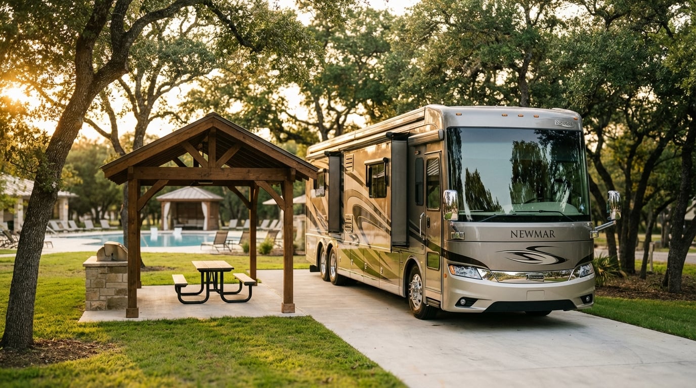 Luxury Newmar Class A motorhome parked at an upscale RV resort campsite featuring a covered wooden pavilion, picnic table, and stone grill, with a swimming pool visible in the sun-drenched background.