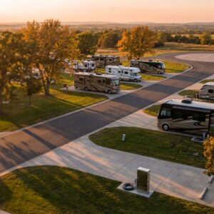 Aerial view of a luxury RV resort bathed in golden sunset light, featuring paved concrete pads with parked motorhomes and travel trailers surrounded by manicured lawns and trees with autumn foliage.