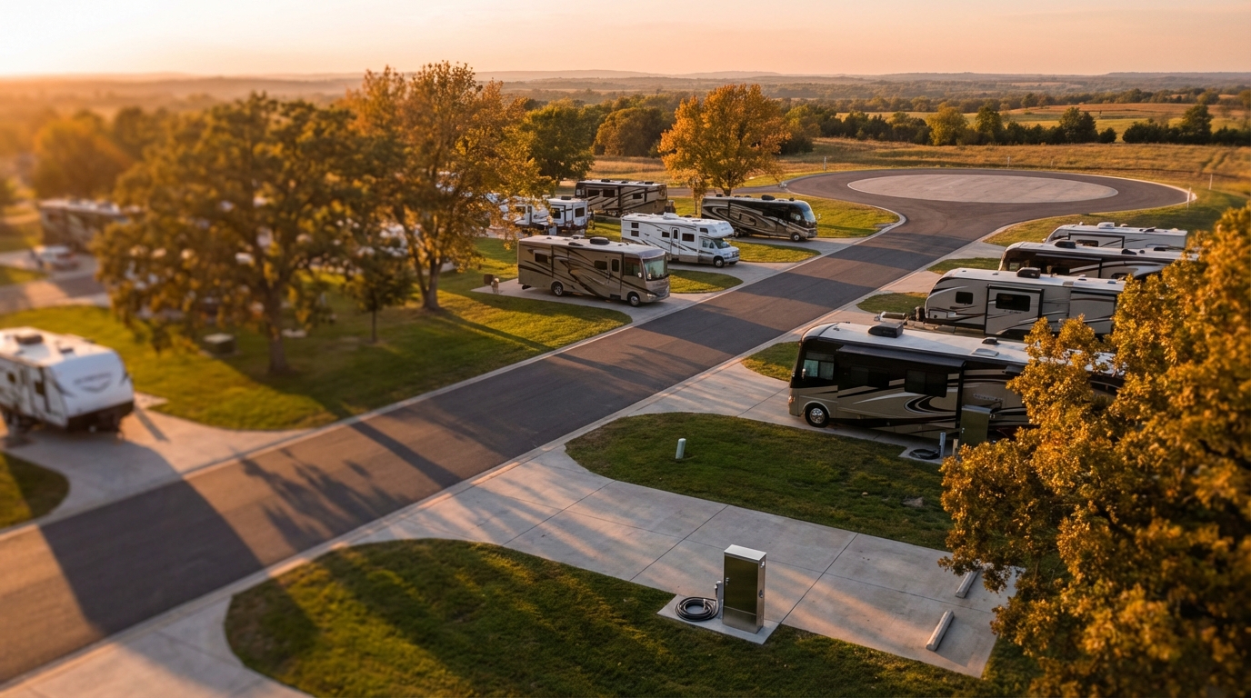Aerial view of a luxury RV resort bathed in golden sunset light, featuring paved concrete pads with parked motorhomes and travel trailers surrounded by manicured lawns and trees with autumn foliage.