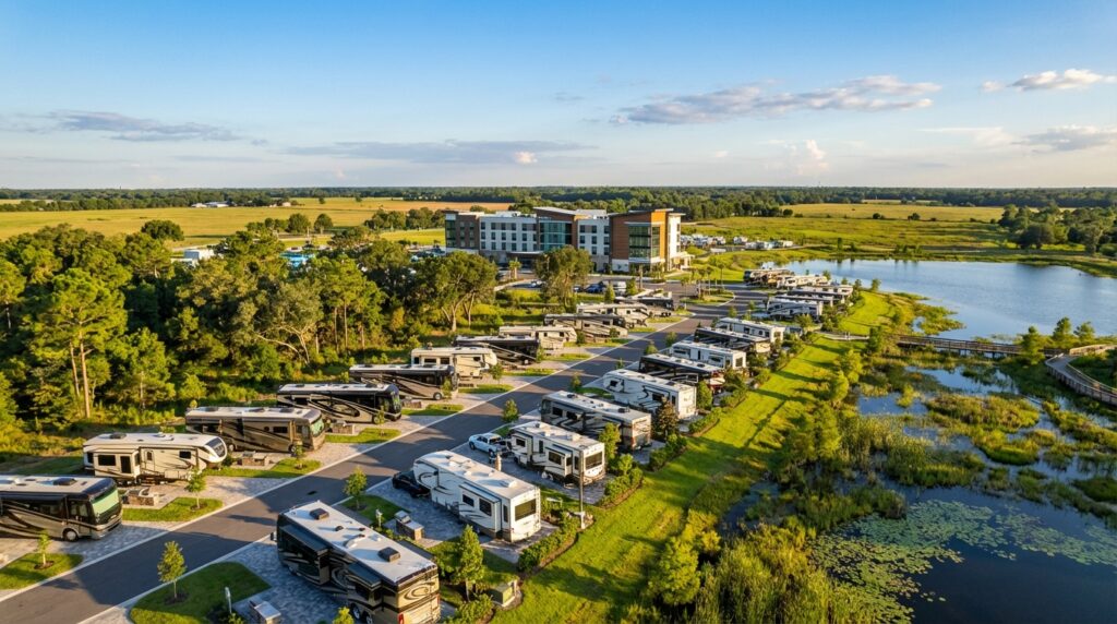 Aerial view of a luxury RV resort and campground featuring paved sites filled with motorhomes and travel trailers next to a scenic wetland lake and boardwalk, with a large modern hotel complex visible in the background under a sunny sky.
