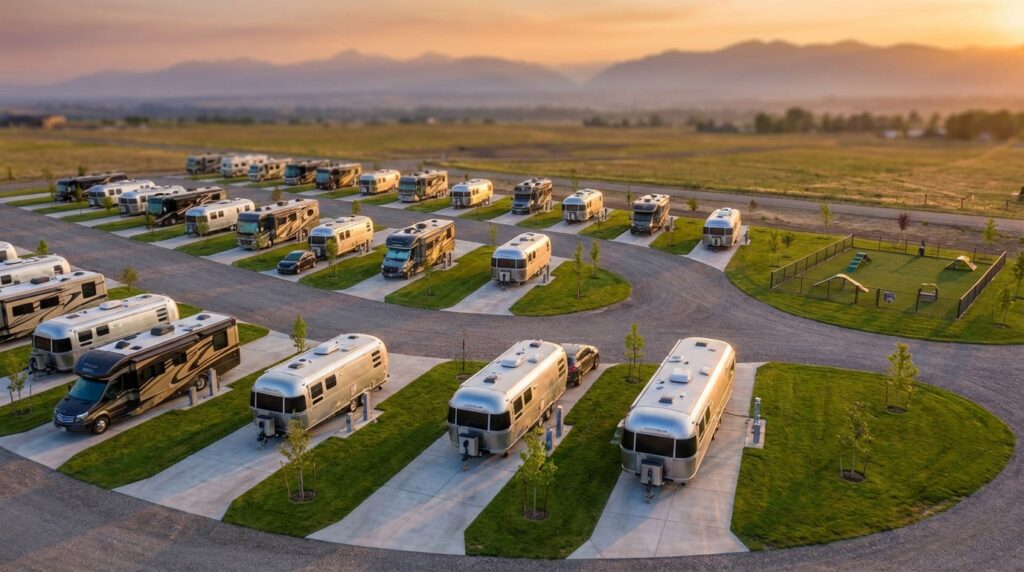 Aerial view of a scenic luxury RV park at sunset featuring rows of silver Airstream trailers and motorhomes on paved pads, manicured lawns, a fenced dog park with agility equipment, and distant mountains.