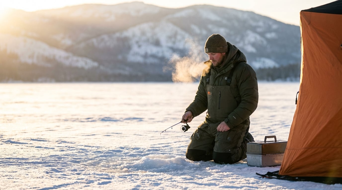 Man in green thermal gear kneeling on a frozen lake while ice fishing near an orange shelter, his breath steaming in the cold air with snow-covered mountains in the background.