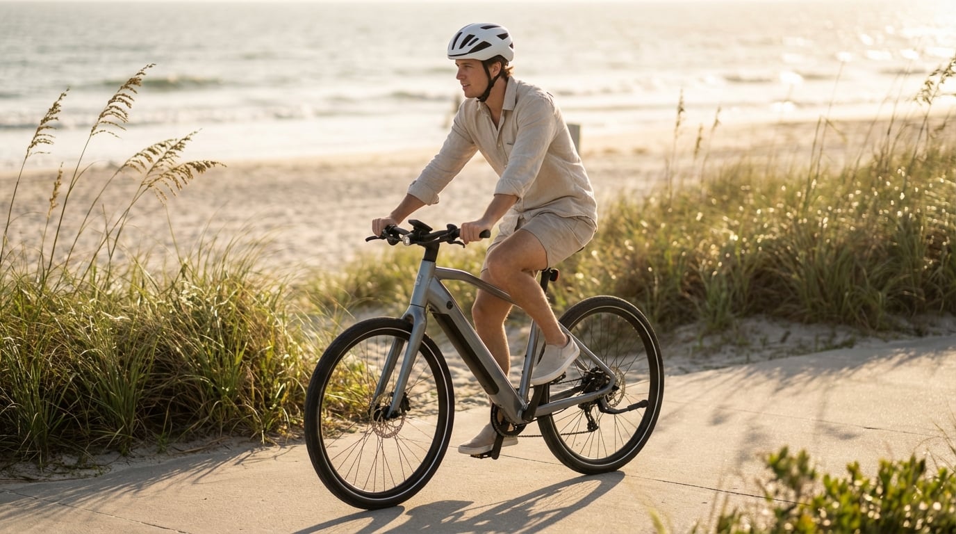 Young man wearing a white helmet and beige casual clothing rides a grey electric bike along a paved coastal path lined with sea oats and sand dunes near the ocean during golden hour