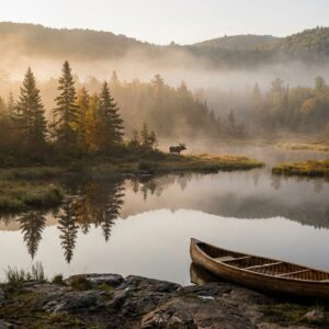 Wooden canoe resting on a rocky shore overlooking a misty lake at sunrise with a moose standing in the distance near a dense pine forest reflecting in the calm water