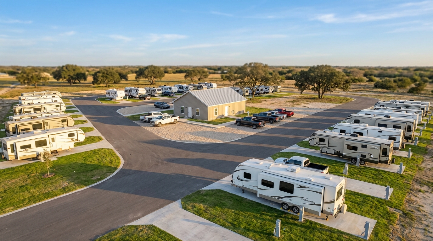 Aerial view of a modern RV park featuring a central beige clubhouse surrounded by paved roads and concrete sites occupied by fifth-wheel trailers and pickup trucks under a blue sky