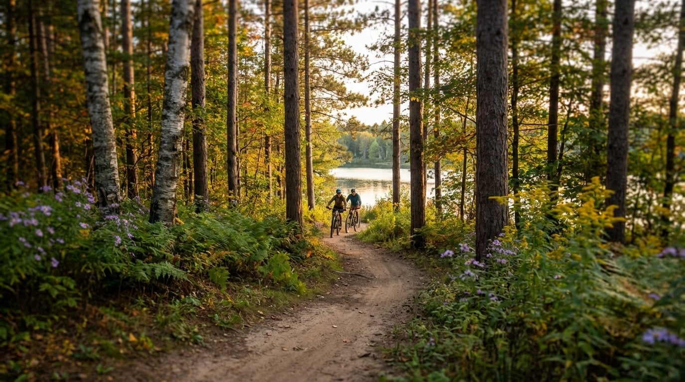 Two mountain bikers riding along a winding dirt trail through a forest of pine and birch trees with purple wildflowers and ferns lining the path, overlooking a calm lake during golden hour