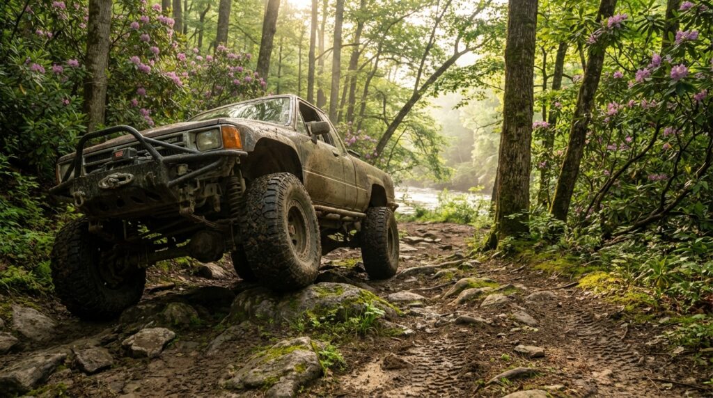 Muddy 4x4 pickup truck navigating large rocks on a rugged forest trail surrounded by blooming pink rhododendrons and sunlight filtering through the trees