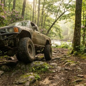 Muddy 4x4 pickup truck navigating large rocks on a rugged forest trail surrounded by blooming pink rhododendrons and sunlight filtering through the trees