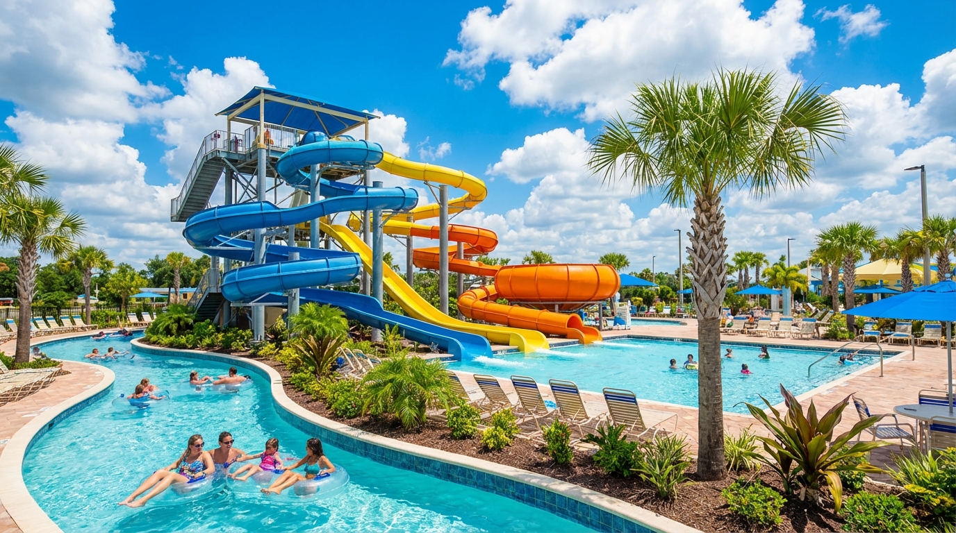 People relaxing in inner tubes on a winding lazy river at a vibrant water park featuring towering blue, yellow, and orange twisting slides and a swimming pool surrounded by palm trees under a bright cloudy sky