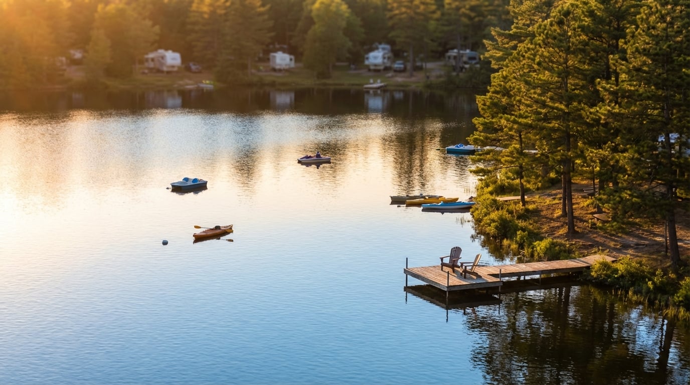 Serene lake scene at golden hour featuring two Adirondack chairs on a wooden dock, several kayaks and paddle boats floating on the calm water, and RVs nestled among the pine trees on the opposite shore
