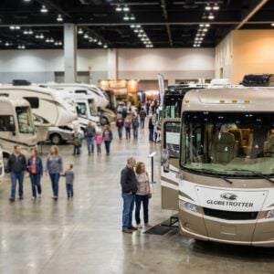 Attendees browsing recreational vehicles at a large indoor RV show, featuring a couple examining a beige Globetrotter motorhome in the foreground while families walk through the convention center aisles