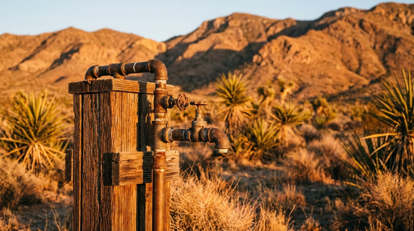 Rusted metal water spigot and pipes mounted on a weathered wooden post in an arid desert landscape filled with Joshua trees and dry brush, backed by rugged mountains bathed in warm golden hour sunlight