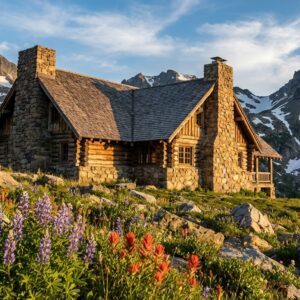 Rustic stone and log cabin nestled in an alpine meadow featuring blooming purple lupine and red paintbrush wildflowers with jagged snow-capped mountain peaks in the background