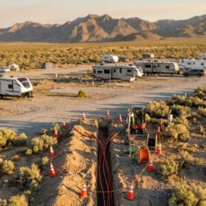 Construction trench filled with cables and conduit runs through a desert RV park, surrounded by orange safety cones and a small excavator with campers and mountains in the distance.