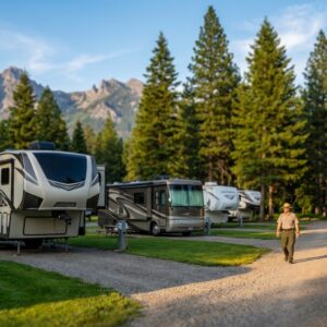 Uniformed park ranger walking along a gravel path in a scenic campground filled with modern RVs and motorhomes, surrounded by tall pine trees and rugged mountains under a blue sky