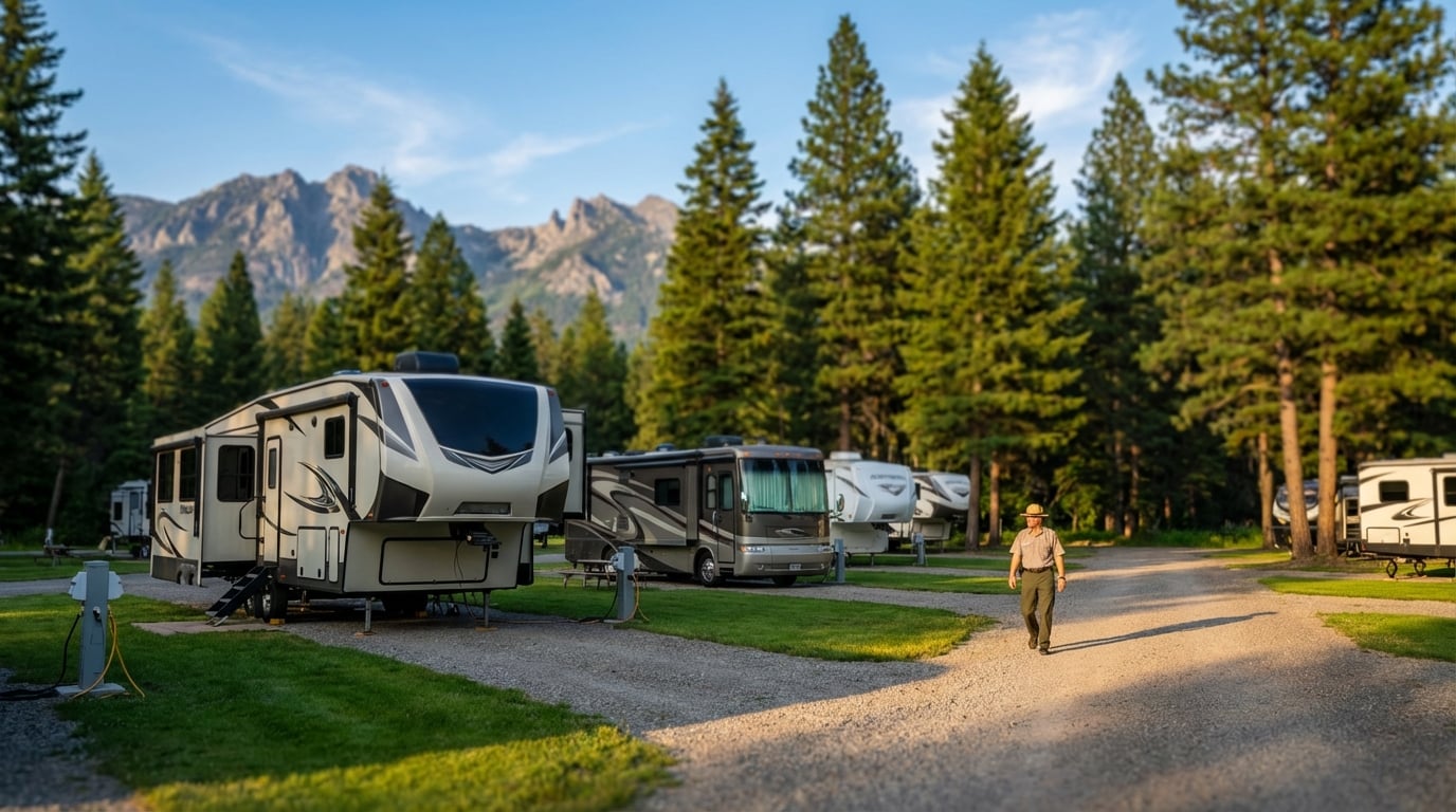 Uniformed park ranger walking along a gravel path in a scenic campground filled with modern RVs and motorhomes, surrounded by tall pine trees and rugged mountains under a blue sky