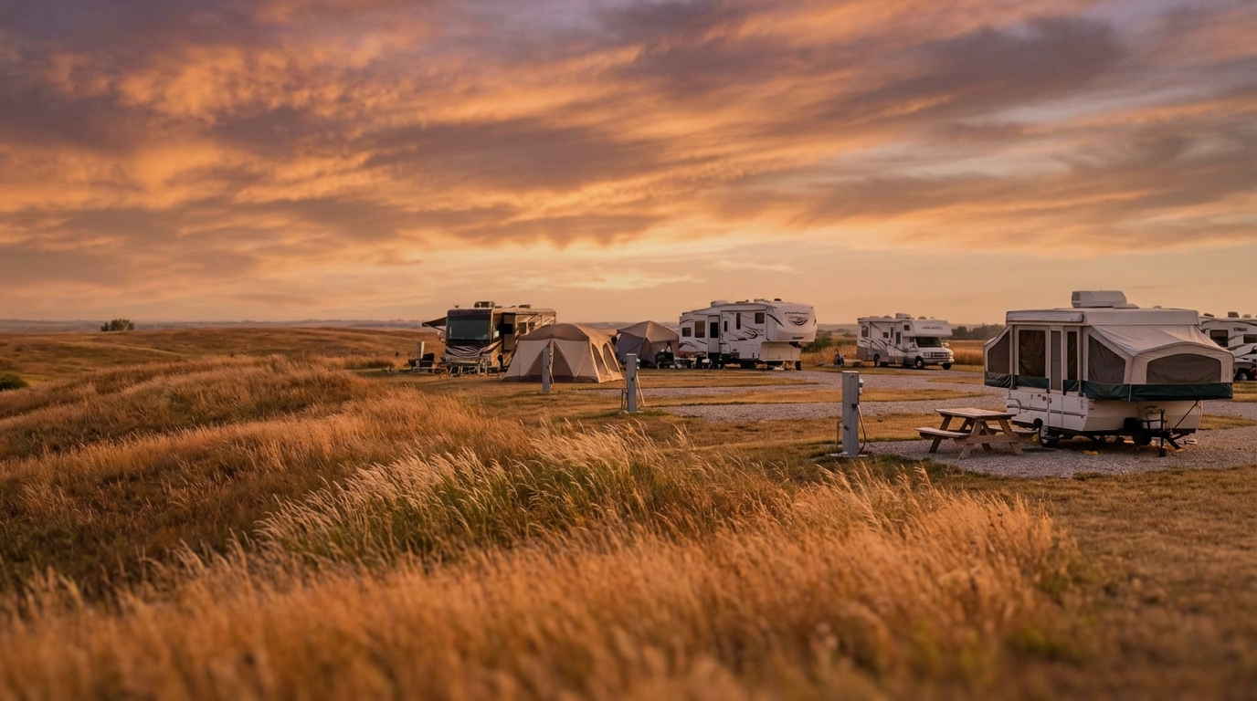 Row of recreational vehicles, a tent, and a pop-up camper parked at a prairie campground with tall golden grass in the foreground under a dramatic orange and purple sunset sky