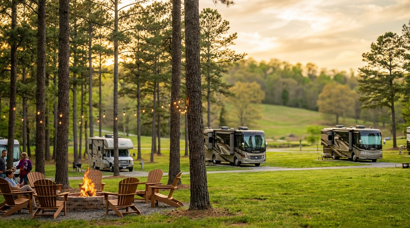 People relax in Adirondack chairs around a fire pit under string lights at a wooded campground with luxury motorhomes and RVs parked on green grass during a golden sunset