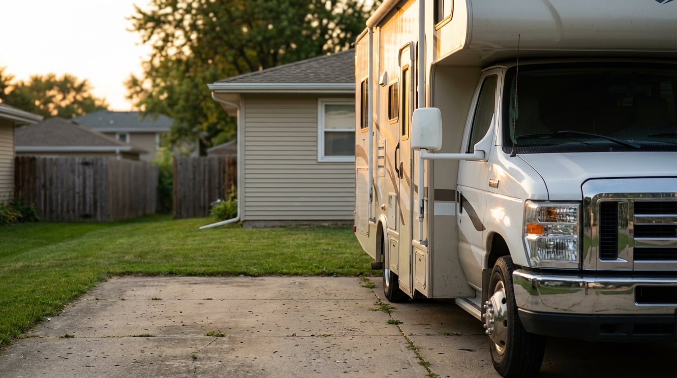 White Class C motorhome parked on a concrete driveway in a suburban residential neighborhood next to a beige house and wooden fence