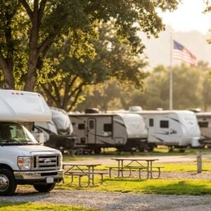 White Class C motorhome parked at a shaded campground with picnic tables, surrounded by a row of travel trailers and an American flag waving in the warm sunlight