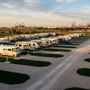 Aerial view of rows of recreational vehicles and travel trailers parked at a gravel campground with grass strips, set against a backdrop of a large industrial refinery complex with smokestacks on the horizon at sunset.
