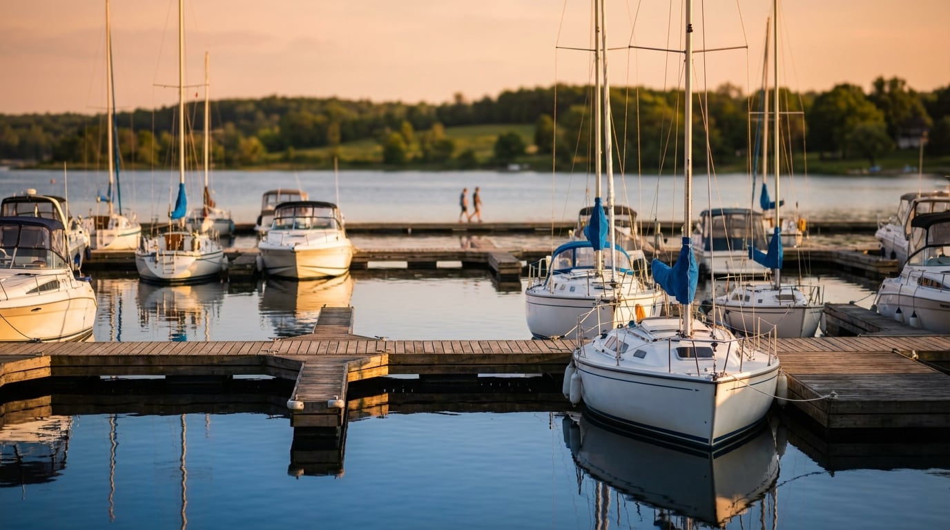 Scenic marina at sunset with white sailboats and motorboats docked along wooden piers, reflecting in calm water with a tree-lined shore in the background