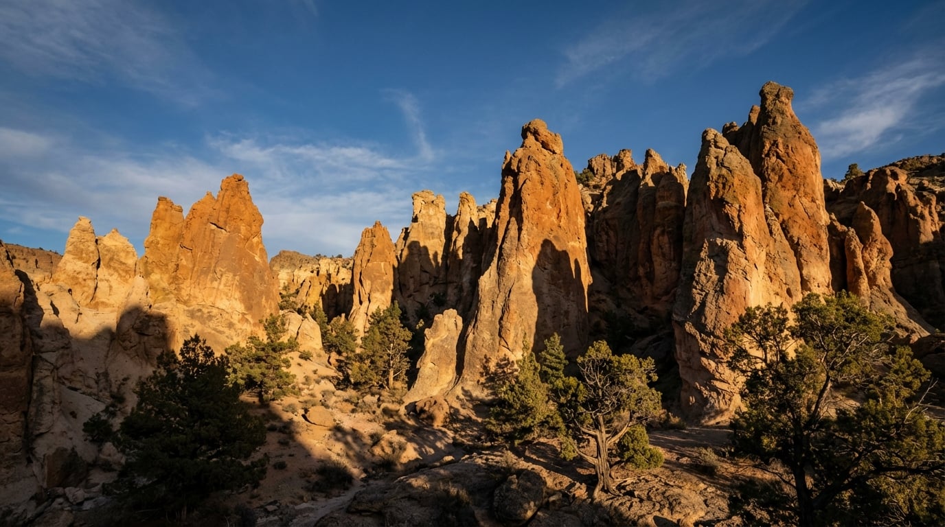 Towering rust-colored rock spires and jagged pinnacles illuminated by warm sunlight against a deep blue sky, with scattered green trees and long shadows across a rugged high desert landscape