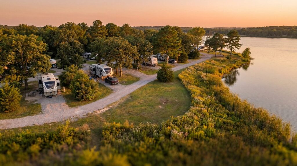Aerial view of a lakefront RV campground at sunset, showing recreational vehicles parked on gravel sites surrounded by lush trees and tall grasses along the water's edge.