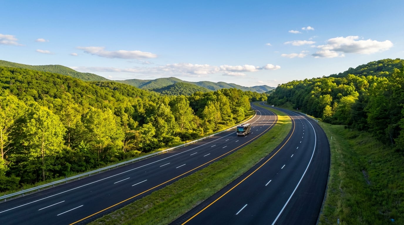 Aerial view of a large RV traveling along a winding divided highway surrounded by lush green mountains and dense forests under a bright blue sky with scattered clouds.