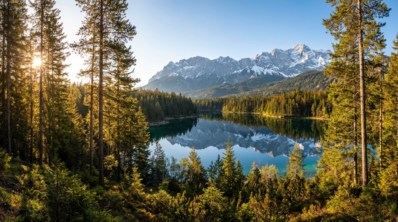 Sun shining through a dense pine forest framing the calm turquoise waters of Lake Eibsee with the snow-capped Zugspitze mountain range reflected on the surface