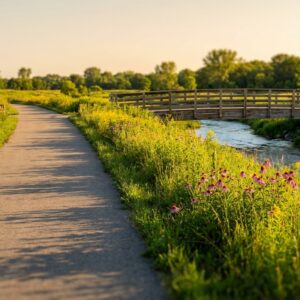 Paved walking trail winding through a lush green prairie with purple coneflowers and a flowing creek crossed by a wooden footbridge under warm sunset light