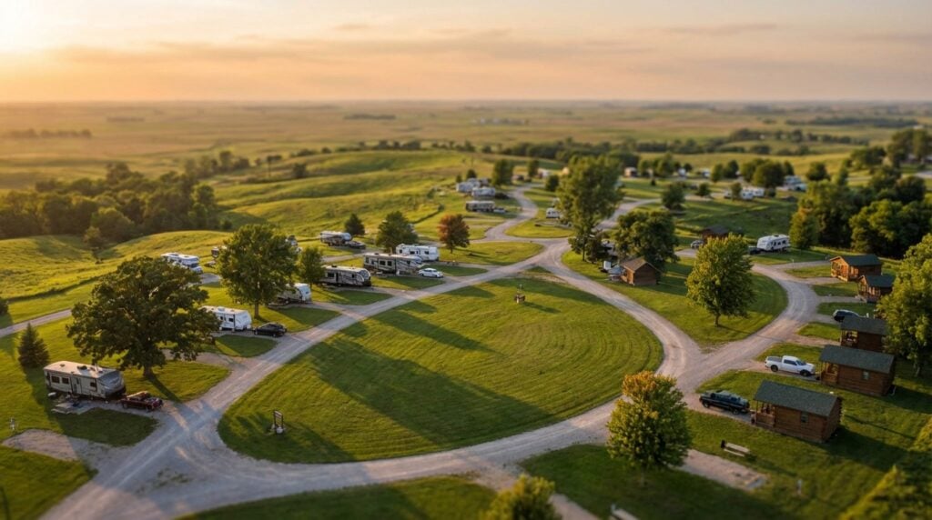 Aerial view of a sprawling rural campground featuring parked RVs, travel trailers, and small wooden cabins situated along winding gravel roads amidst rolling green hills during a golden sunset
