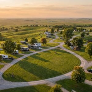 Aerial view of a sprawling rural campground featuring parked RVs, travel trailers, and small wooden cabins situated along winding gravel roads amidst rolling green hills during a golden sunset
