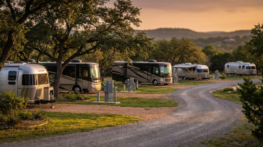 A gravel road winds through a scenic RV park featuring Airstream trailers and Class A motorhomes parked under large trees during a golden sunset with rolling hills in the background