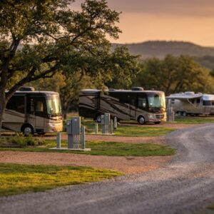 A gravel road winds through a scenic RV park featuring Airstream trailers and Class A motorhomes parked under large trees during a golden sunset with rolling hills in the background