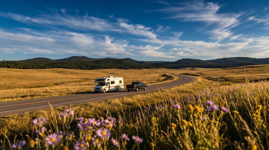 White RV towing a black truck along a scenic winding road through golden grassy plains and pine-covered mountains under a bright blue sky with purple wildflowers in the foreground
