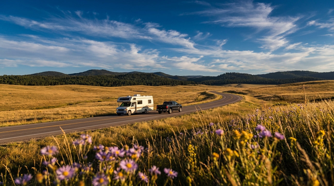 White RV towing a black truck along a scenic winding road through golden grassy plains and pine-covered mountains under a bright blue sky with purple wildflowers in the foreground