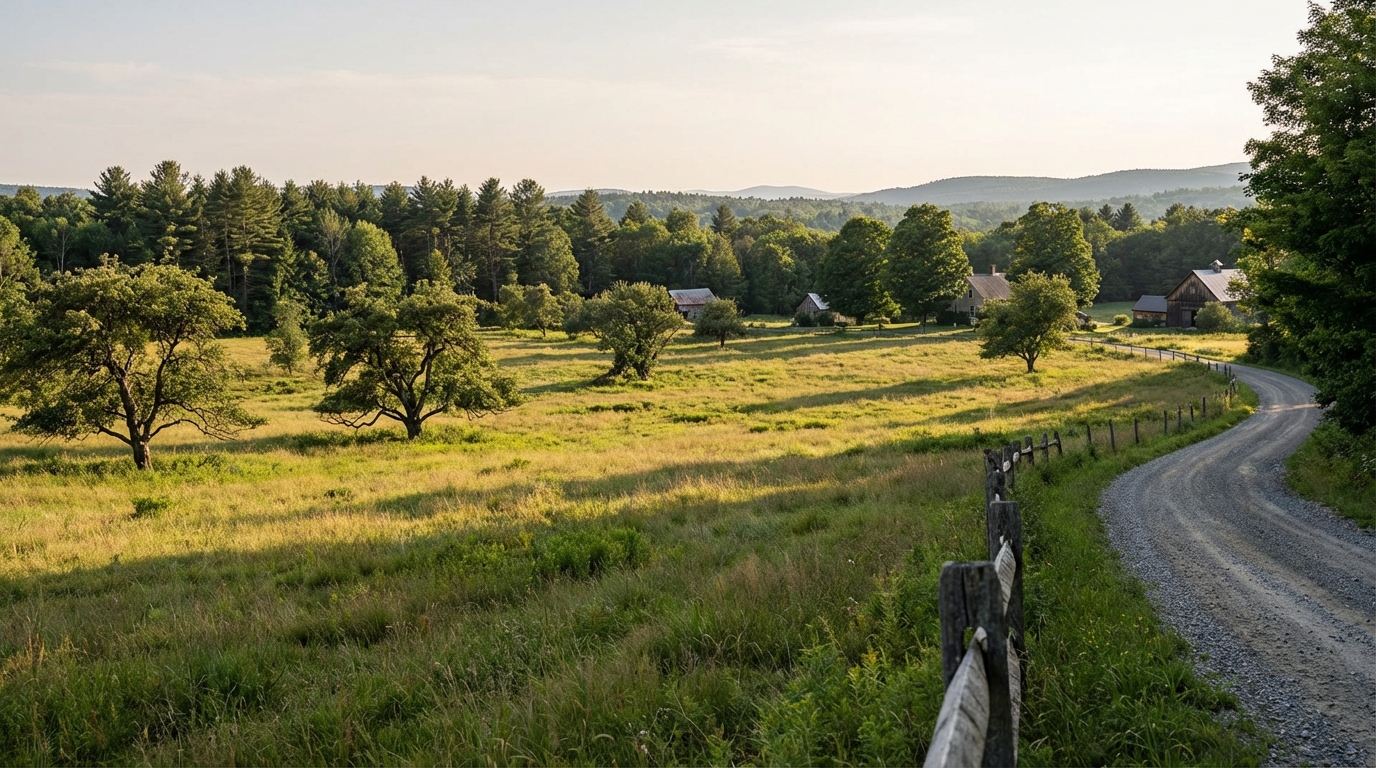 A winding gravel road curves along the right side of a lush green meadow bordered by a rustic wooden fence, leading toward farm buildings and a dense tree line with rolling mountains in the distance under soft sunlight.