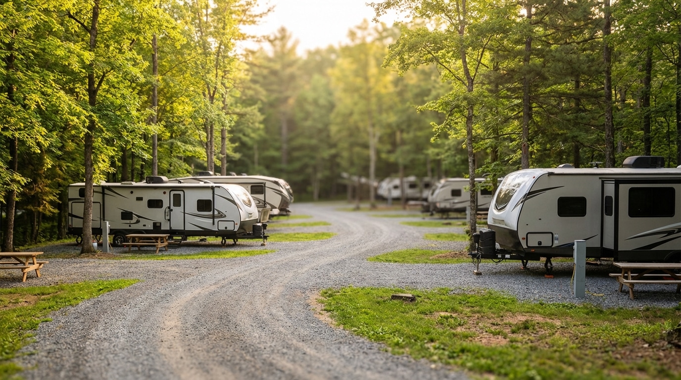Row of modern travel trailers and RVs parked at a shaded gravel campground surrounded by lush green forest and picnic tables during the day
