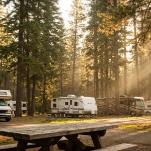 Sun rays stream through tall pine trees illuminating a peaceful RV campground filled with parked motorhomes and trailers, with a wooden picnic table in the foreground.