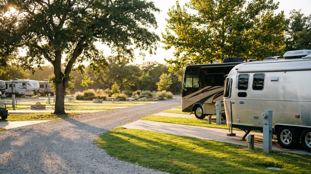 Silver Airstream travel trailer and large brown motorhome parked on concrete pads at a scenic RV park with gravel roads and mature oak trees during golden hour