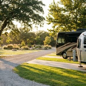 Silver Airstream travel trailer and large brown motorhome parked on concrete pads at a scenic RV park with gravel roads and mature oak trees during golden hour