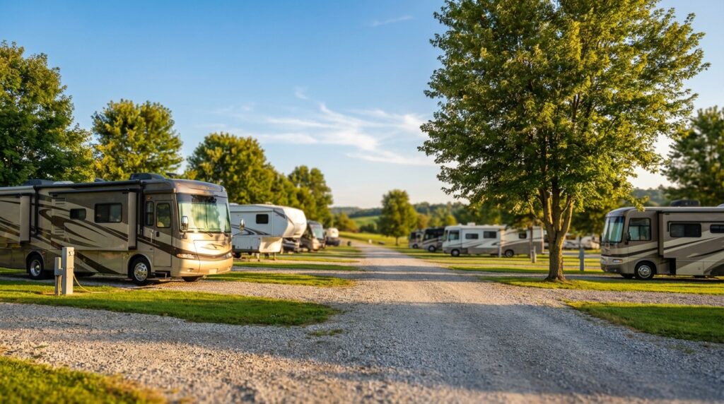 Gravel road winding through a sunny RV park lined with large beige motorhomes and lush green trees under a blue sky