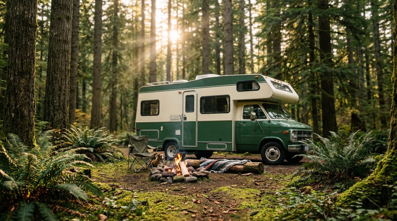 Vintage green and cream RV parked in a lush forest with sunlight streaming through tall trees, featuring a cozy campsite with a burning campfire, a folding chair, and a dog sitting among the ferns