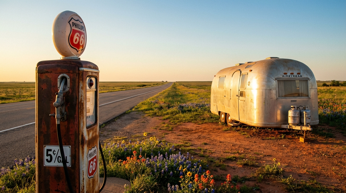 Rusted vintage Phillips 66 gas pump displaying 5 cents per gallon standing amidst wildflowers next to a silver Airstream trailer parked off a long rural highway at sunset