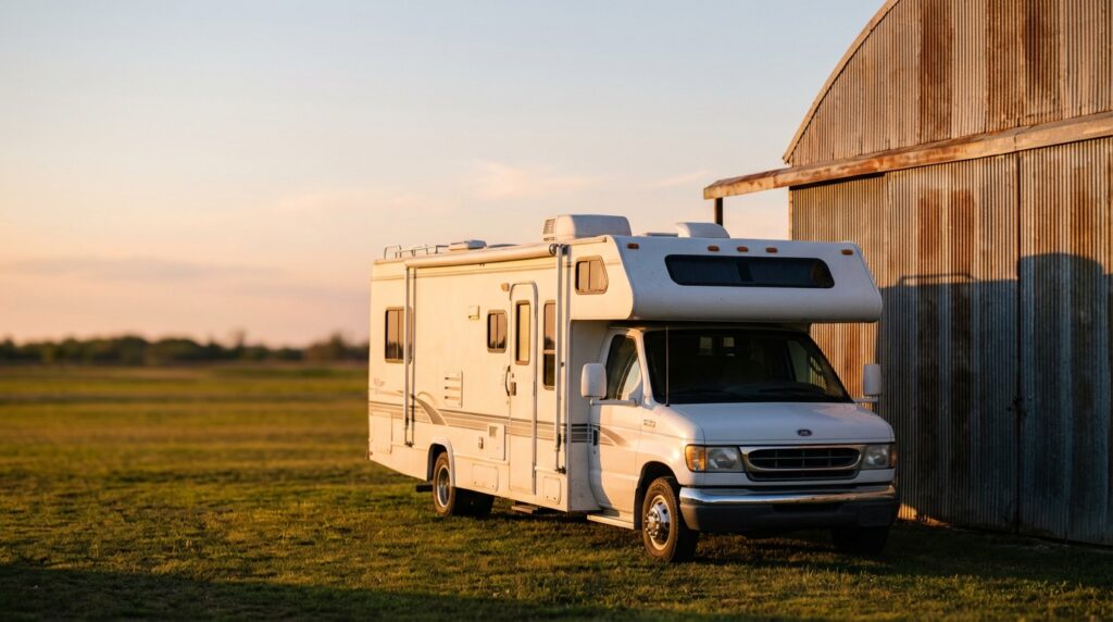 White Class C motorhome parked on a grassy field next to a rustic corrugated metal barn under a soft sunset sky