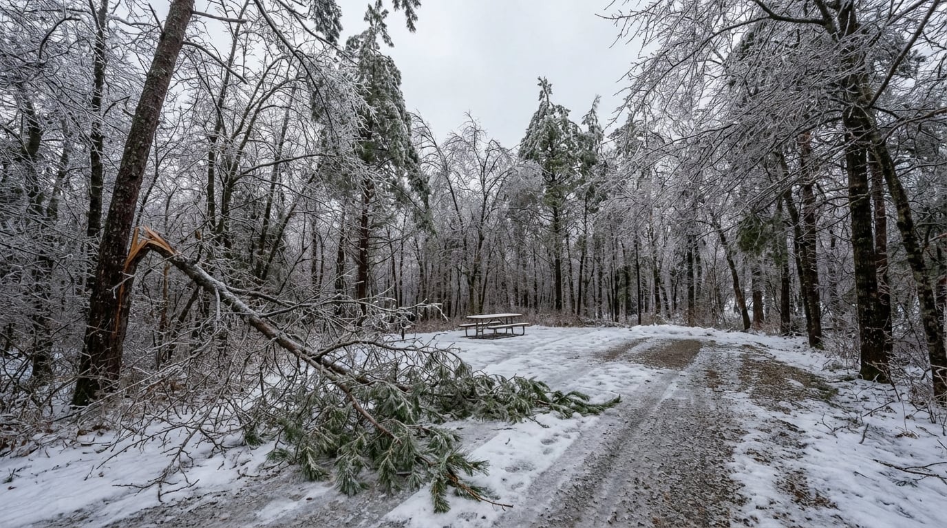 Large broken pine branch lying on a snowy path in a forest coated in heavy ice with a picnic table in the background