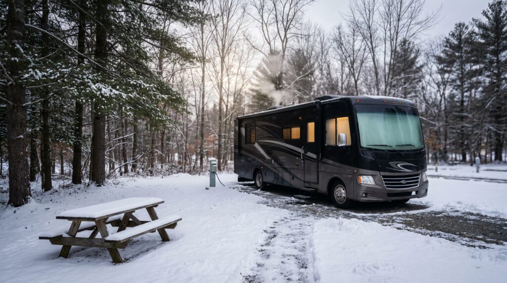 Large Class A motorhome parked at a snow-covered campsite in a forest with steam rising from the roof and warm light glowing from the windows near a snowy picnic table