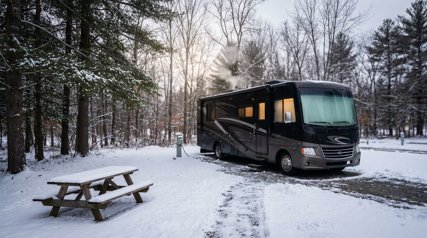 Large Class A motorhome parked at a snow-covered campsite in a forest with steam rising from the roof and warm light glowing from the windows near a snowy picnic table