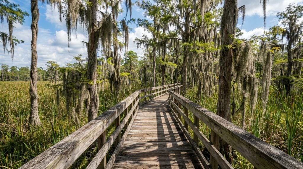 Wooden boardwalk winding through a sunny cypress swamp featuring trees draped in Spanish moss and tall green marsh grasses under a blue sky